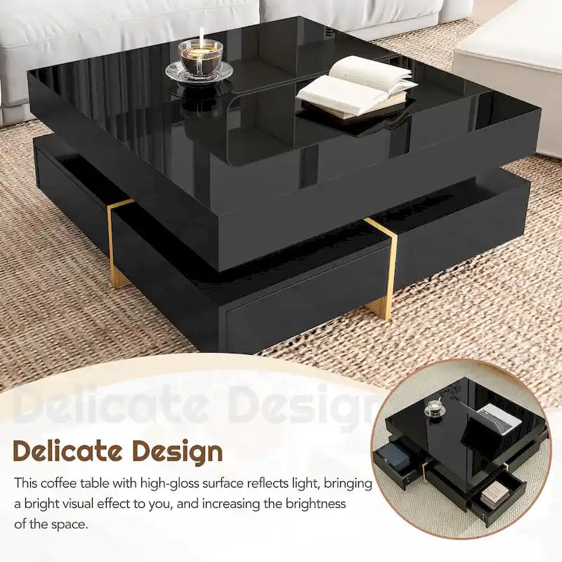 Table basse laquée avec 4 tiroirs, Noir / Blanc