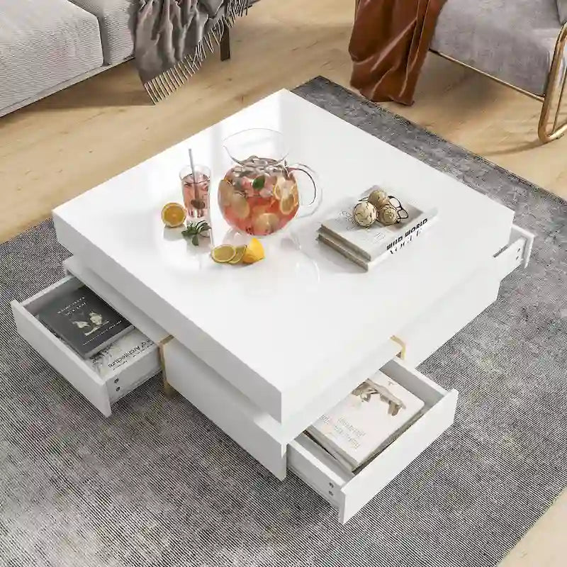 Table basse laquée avec 4 tiroirs, Noir / Blanc