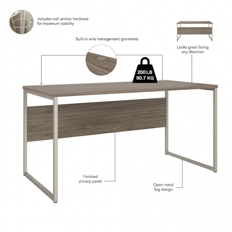 Bureau informatique de 60 po avec pattes en métal et gestion des câbles, hickory moderne / noyer noir / gris platine / gris orage / blanc