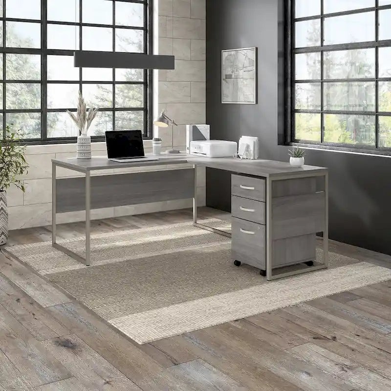 Bureau informatique de 60 po avec pattes en métal et gestion des câbles, hickory moderne / noyer noir / gris platine / gris orage / blanc