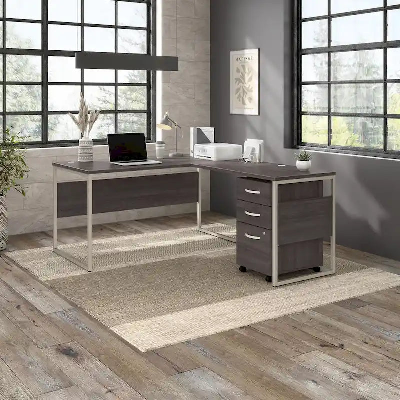 Bureau informatique de 60 po avec pattes en métal et gestion des câbles, hickory moderne / noyer noir / gris platine / gris orage / blanc