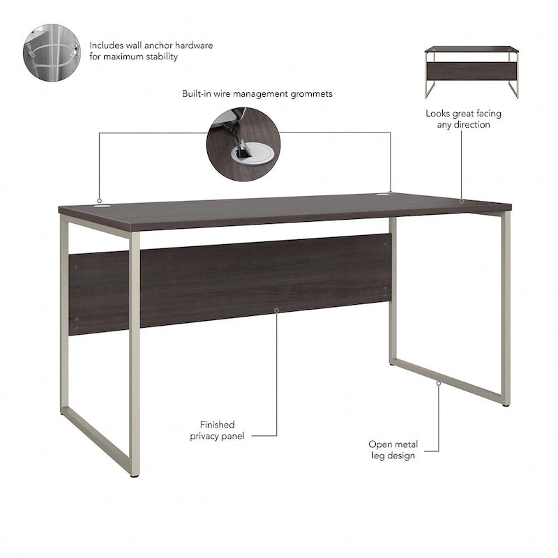 Bureau informatique de 60 po avec pattes en métal et gestion des câbles, hickory moderne / noyer noir / gris platine / gris orage / blanc