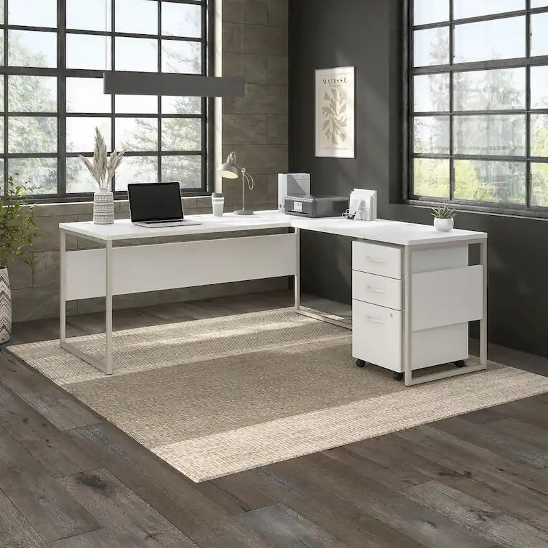 Bureau informatique de 60 po avec pattes en métal et gestion des câbles, hickory moderne / noyer noir / gris platine / gris orage / blanc