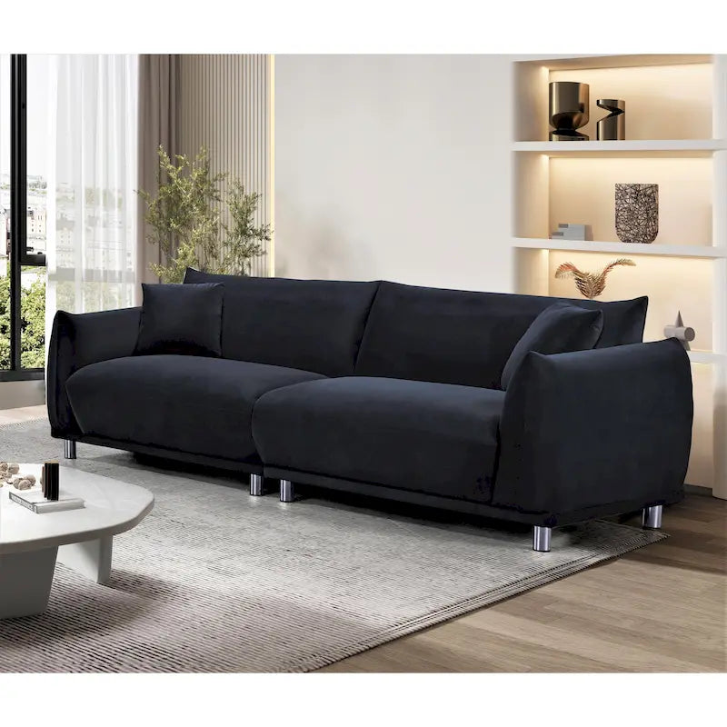 Canapé en velours avec pieds en métal et coussins décoratifs, Noir / Bleu-vert / Blanc cassé, 3 places