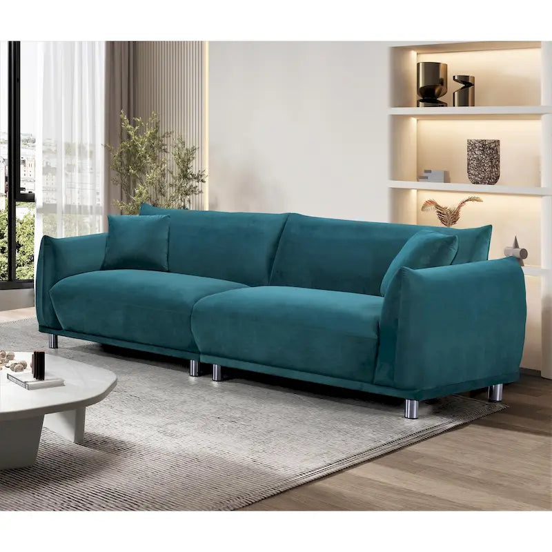 Canapé en velours avec pieds en métal et coussins décoratifs, Noir / Bleu-vert / Blanc cassé, 3 places