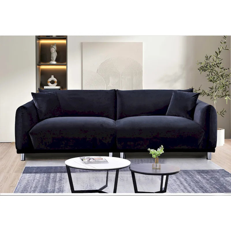 Canapé en velours avec pieds en métal et coussins décoratifs, Noir / Bleu-vert / Blanc cassé, 3 places