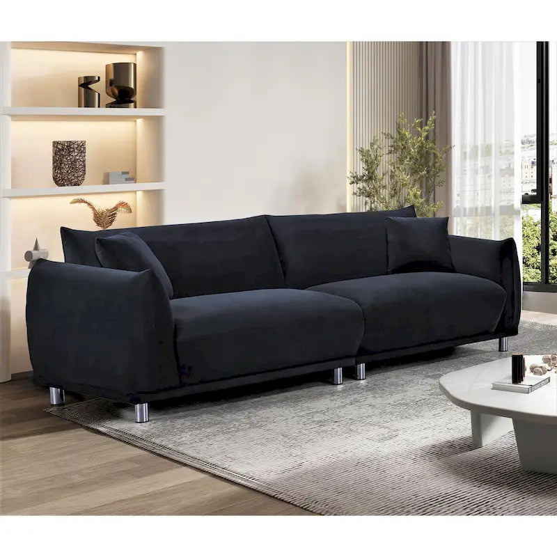 Canapé en velours avec pieds en métal et coussins décoratifs, Noir / Bleu-vert / Blanc cassé, 3 places