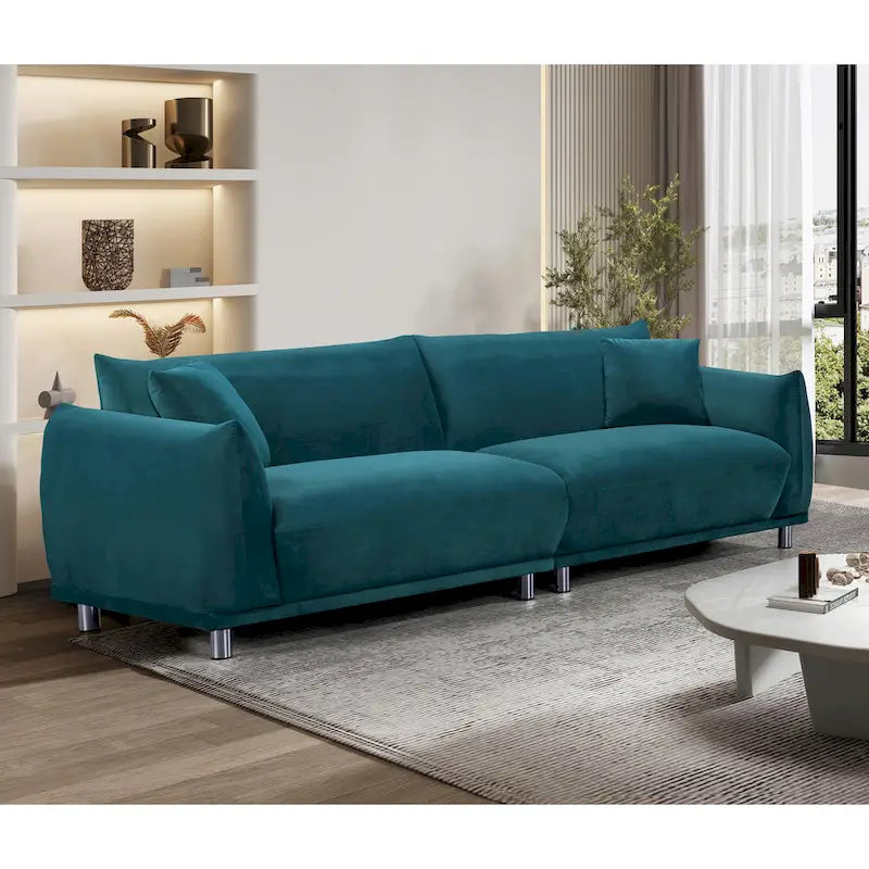 Canapé en velours avec pieds en métal et coussins décoratifs, Noir / Bleu-vert / Blanc cassé, 3 places