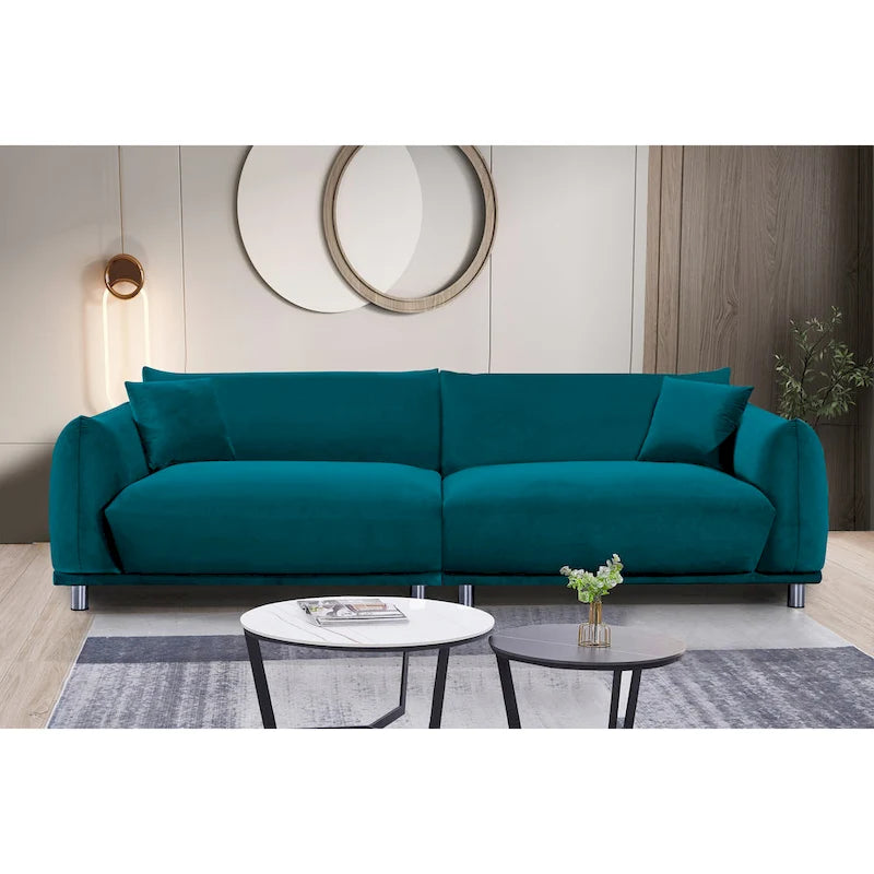 Canapé en velours avec pieds en métal et coussins décoratifs, Noir / Bleu-vert / Blanc cassé, 3 places
