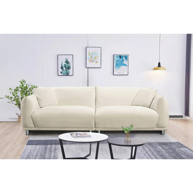 Canapé en velours avec pieds en métal et coussins décoratifs, Noir / Bleu-vert / Blanc cassé, 3 places
