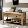 Banc de rangement d'entrée avec coussin, 2 tiroirs et porte-chaussures, pin ancien / bleu / gris délavé