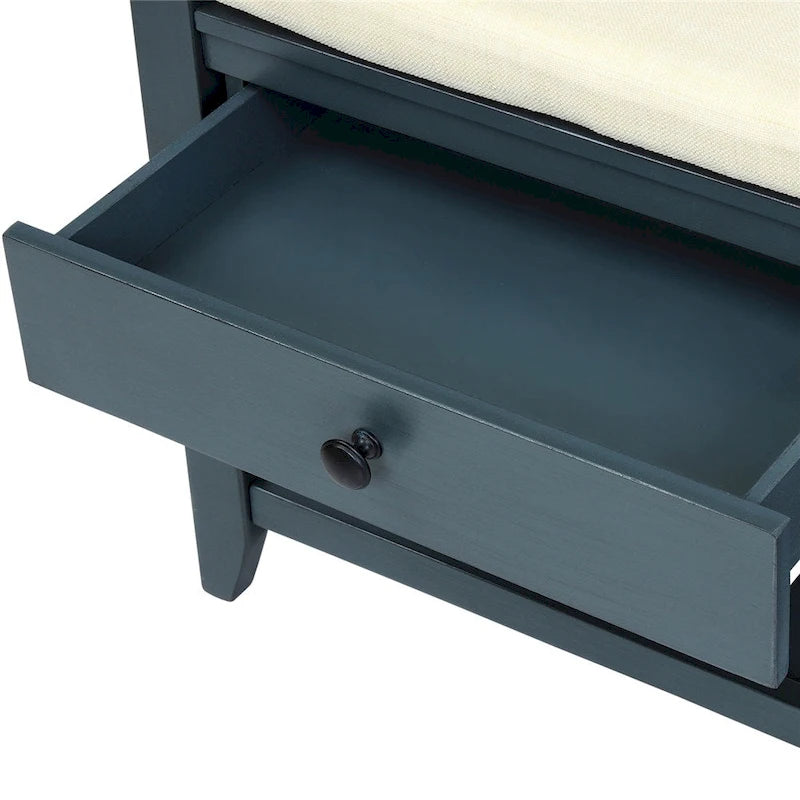 Banc de rangement d'entrée avec coussin, 2 tiroirs et porte-chaussures, pin ancien / bleu / gris délavé