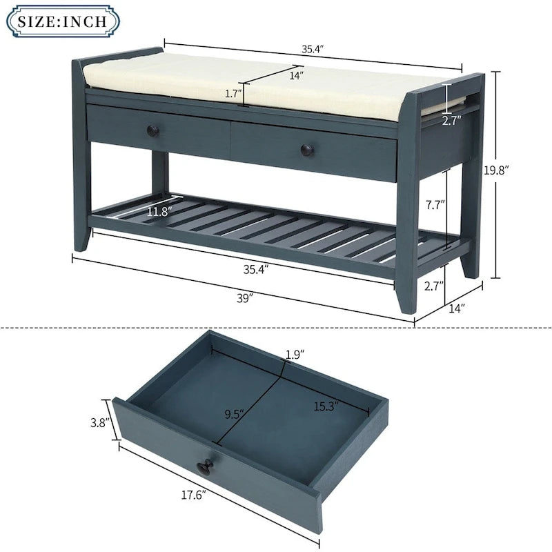 Banc de rangement d'entrée avec coussin, 2 tiroirs et porte-chaussures, pin ancien / bleu / gris délavé