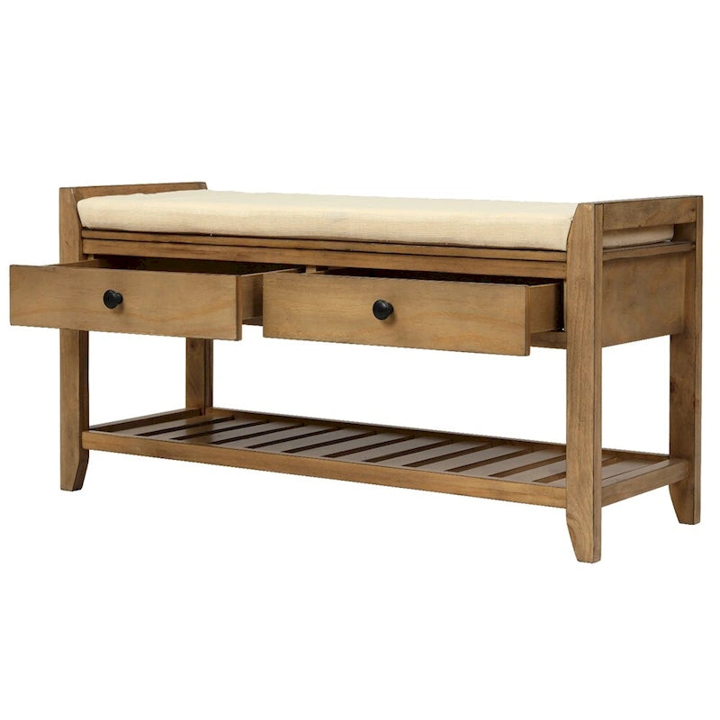 Banc de rangement d'entrée avec coussin, 2 tiroirs et porte-chaussures, pin ancien / bleu / gris délavé