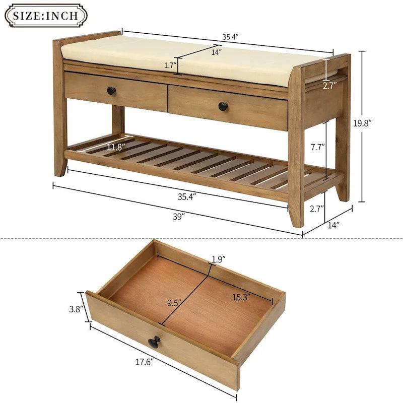 Banc de rangement d'entrée avec coussin, 2 tiroirs et porte-chaussures, pin ancien / bleu / gris délavé