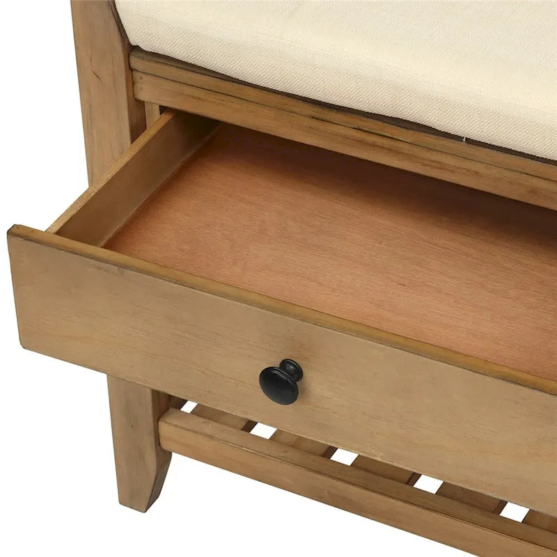 Banc de rangement d'entrée avec coussin, 2 tiroirs et porte-chaussures, pin ancien / bleu / gris délavé