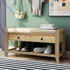 Banc de rangement d'entrée avec coussin, 2 tiroirs et porte-chaussures, pin ancien / bleu / gris délavé