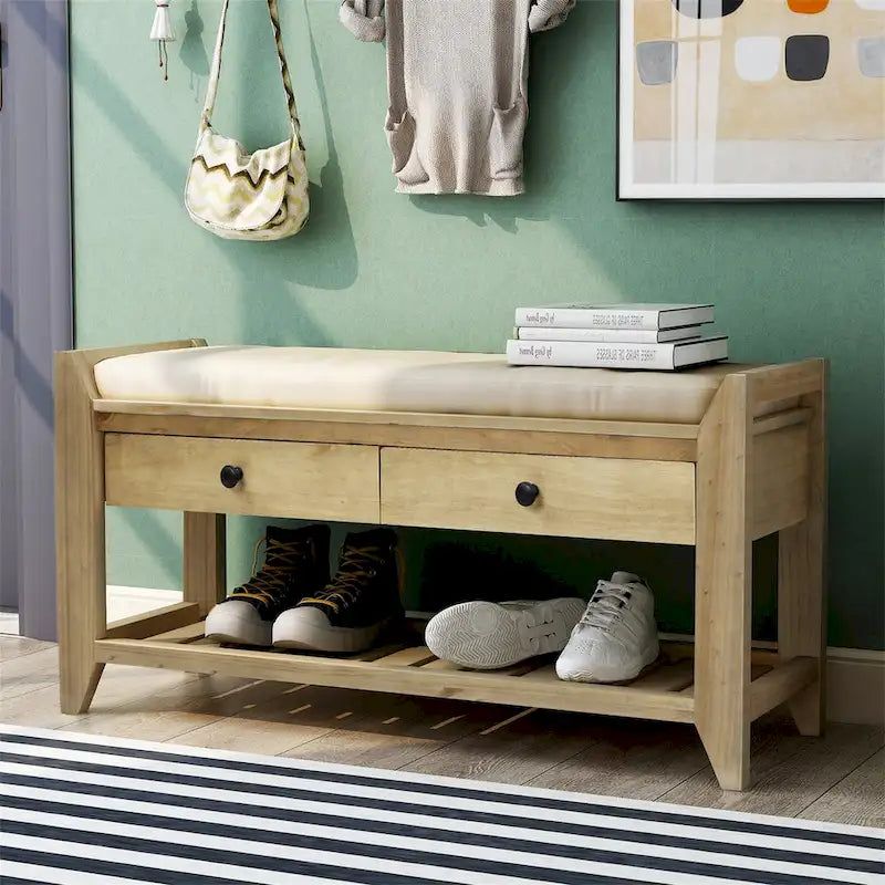 Banc de rangement d'entrée avec coussin, 2 tiroirs et porte-chaussures, pin ancien / bleu / gris délavé