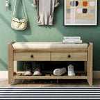 Banc de rangement d'entrée avec coussin, 2 tiroirs et porte-chaussures, pin ancien / bleu / gris délavé