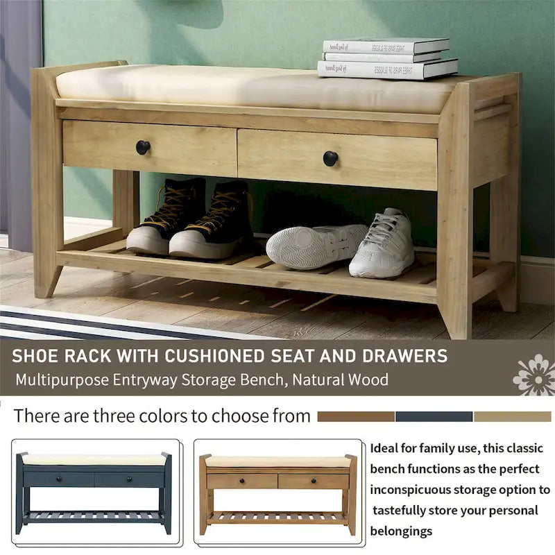 Banc de rangement d'entrée avec coussin, 2 tiroirs et porte-chaussures, pin ancien / bleu / gris délavé