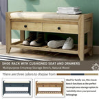 Banc de rangement d'entrée avec coussin, 2 tiroirs et porte-chaussures, pin ancien / bleu / gris délavé
