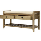 Banc de rangement d'entrée avec coussin, 2 tiroirs et porte-chaussures, pin ancien / bleu / gris délavé