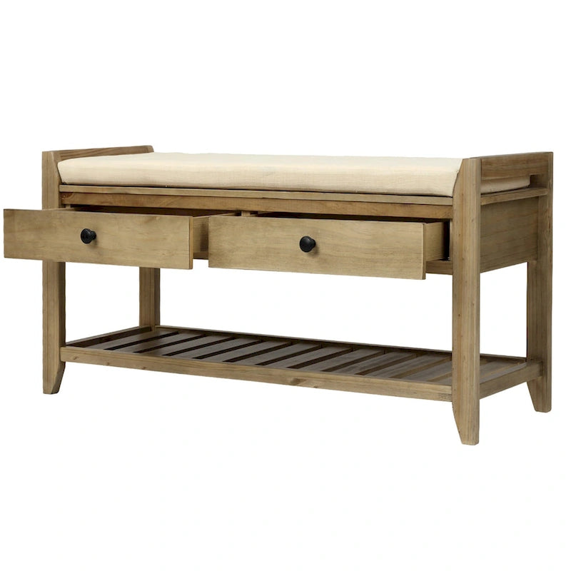 Banc de rangement d'entrée avec coussin, 2 tiroirs et porte-chaussures, pin ancien / bleu / gris délavé