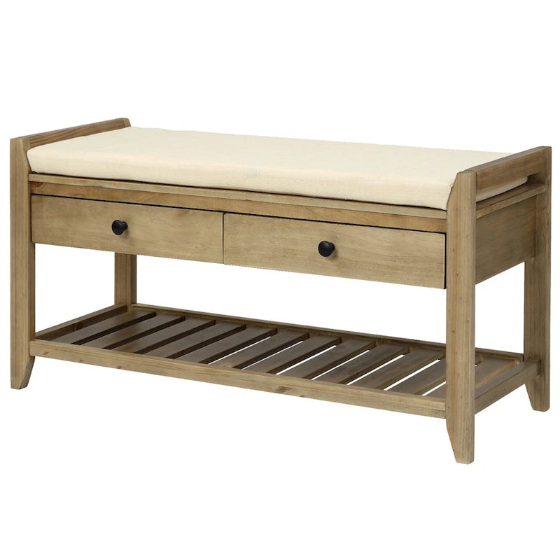 Banc de rangement d'entrée avec coussin, 2 tiroirs et porte-chaussures, pin ancien / bleu / gris délavé