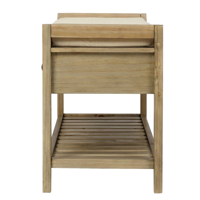 Banc de rangement d'entrée avec coussin, 2 tiroirs et porte-chaussures, pin ancien / bleu / gris délavé