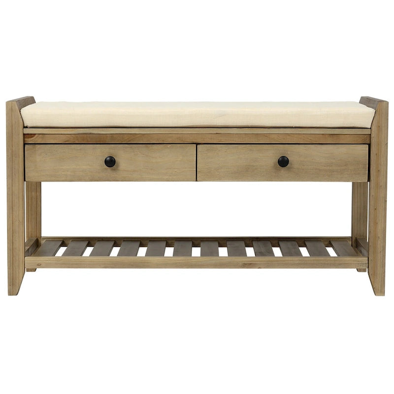 Banc de rangement d'entrée avec coussin, 2 tiroirs et porte-chaussures, pin ancien / bleu / gris délavé