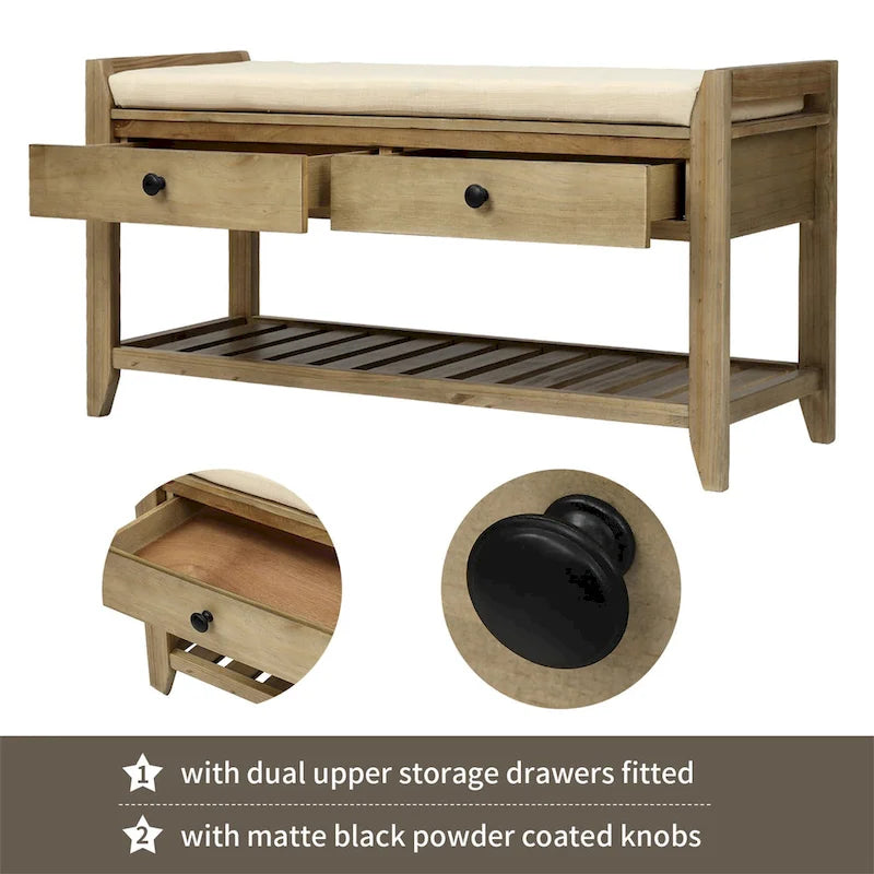 Banc de rangement d'entrée avec coussin, 2 tiroirs et porte-chaussures, pin ancien / bleu / gris délavé