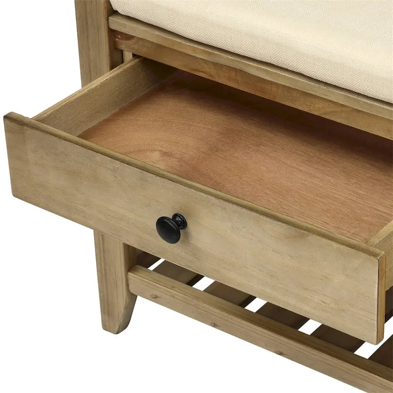 Banc de rangement d'entrée avec coussin, 2 tiroirs et porte-chaussures, pin ancien / bleu / gris délavé