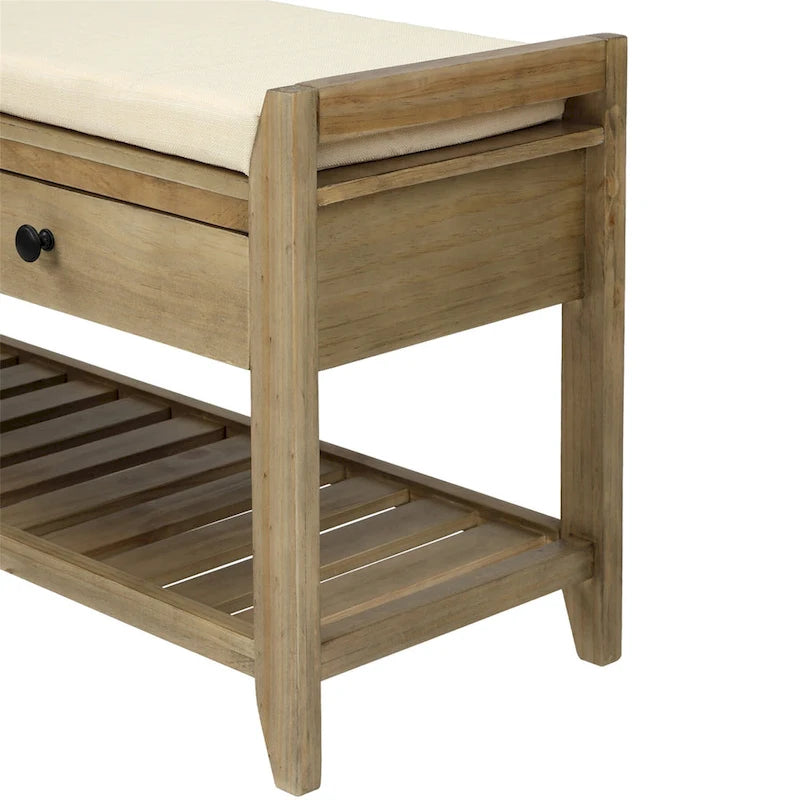 Banc de rangement d'entrée avec coussin, 2 tiroirs et porte-chaussures, pin ancien / bleu / gris délavé
