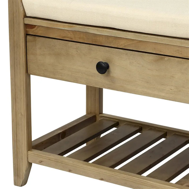 Banc de rangement d'entrée avec coussin, 2 tiroirs et porte-chaussures, pin ancien / bleu / gris délavé