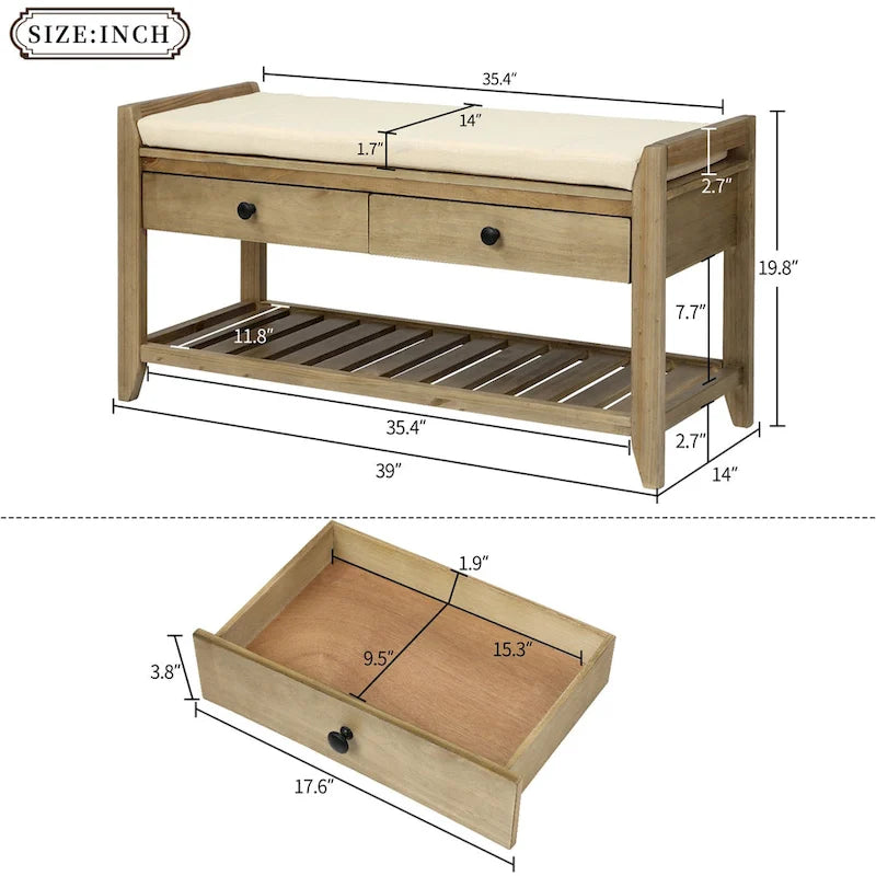 Banc de rangement d'entrée avec coussin, 2 tiroirs et porte-chaussures, pin ancien / bleu / gris délavé