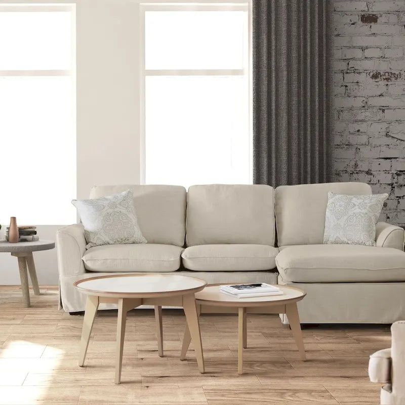 Canapé d'angle en tissu de lin beige/gris, 4-5 places
