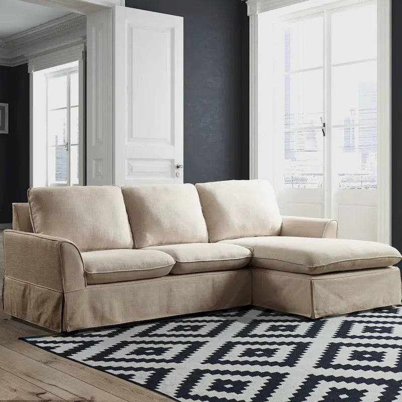 Canapé d'angle en tissu de lin beige/gris, 4-5 places