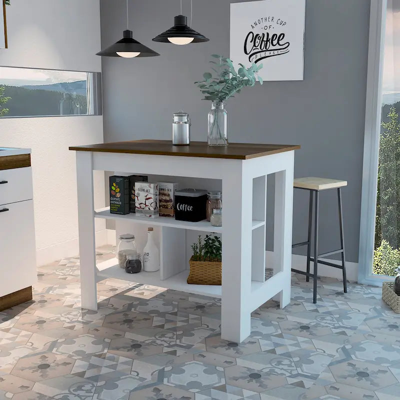 Îlot de cuisine avec 3 étagères de rangement et espace pour tabourets, plusieurs coloris