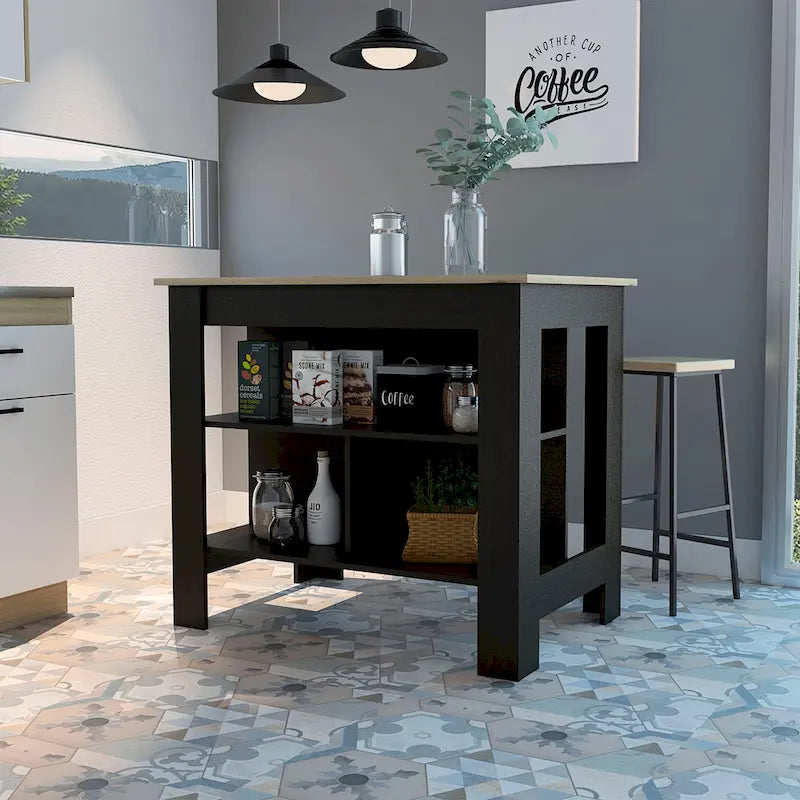 Îlot de cuisine avec 3 étagères de rangement et espace pour tabourets, plusieurs coloris