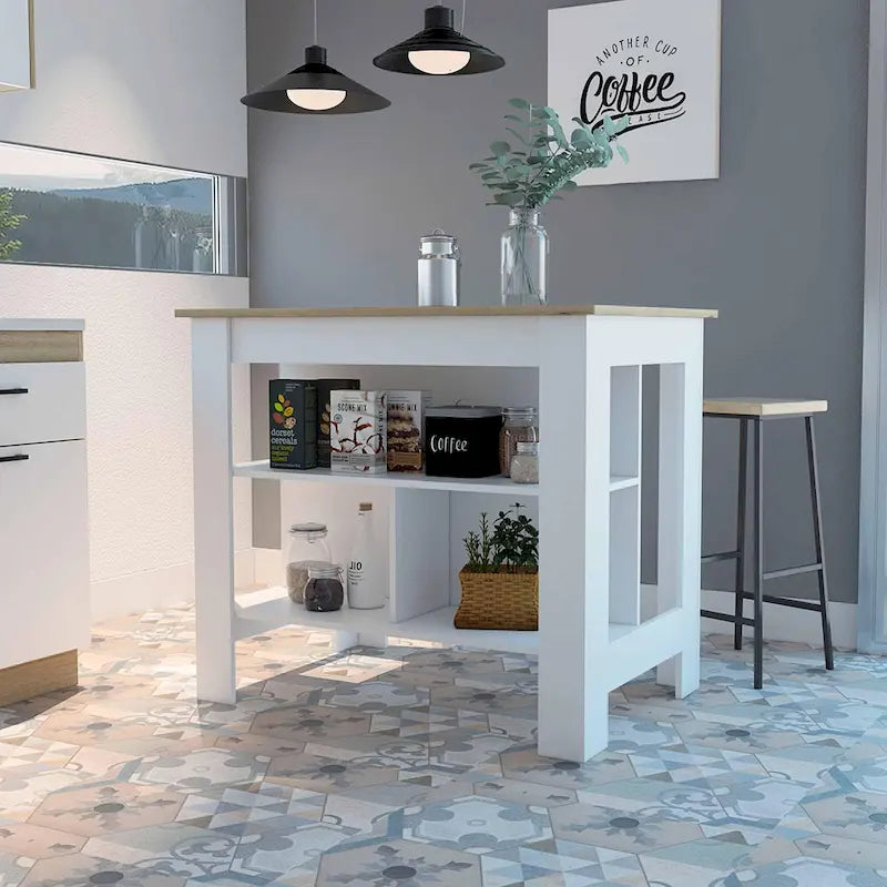 Îlot de cuisine avec 3 étagères de rangement et espace pour tabourets, plusieurs coloris