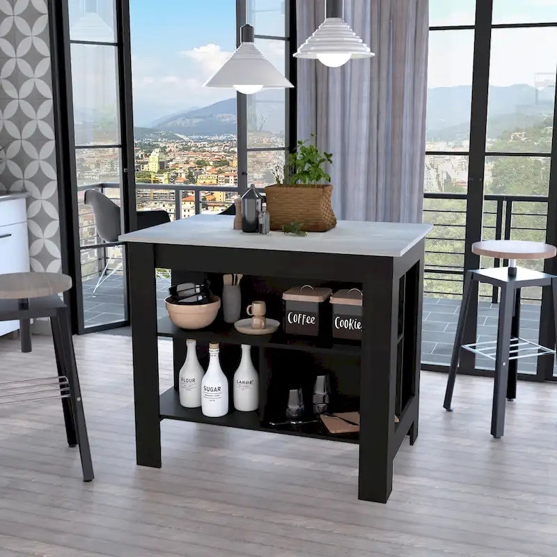 Îlot de cuisine avec 3 étagères de rangement et espace pour tabourets, plusieurs coloris