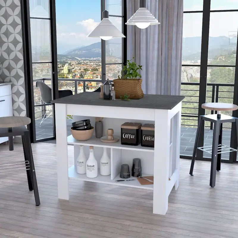 Îlot de cuisine avec 3 étagères de rangement et espace pour tabourets, plusieurs coloris