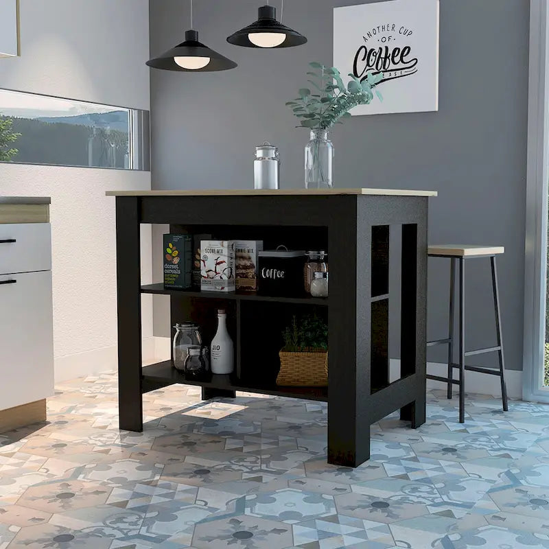 Îlot de cuisine avec 3 étagères de rangement et espace pour tabourets, plusieurs coloris