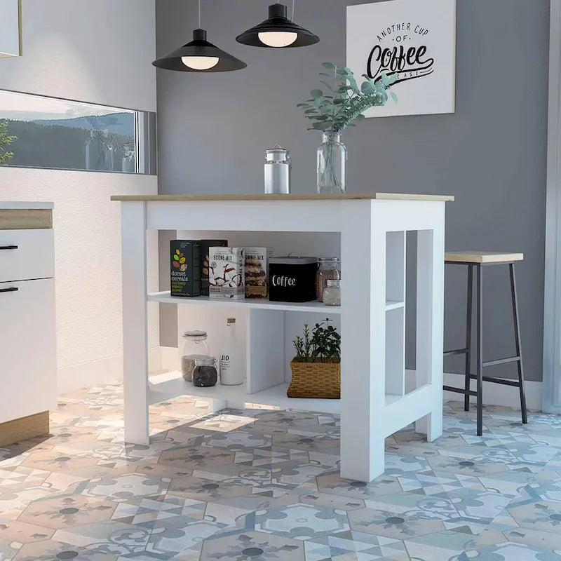 Îlot de cuisine avec 3 étagères de rangement et espace pour tabourets, plusieurs coloris