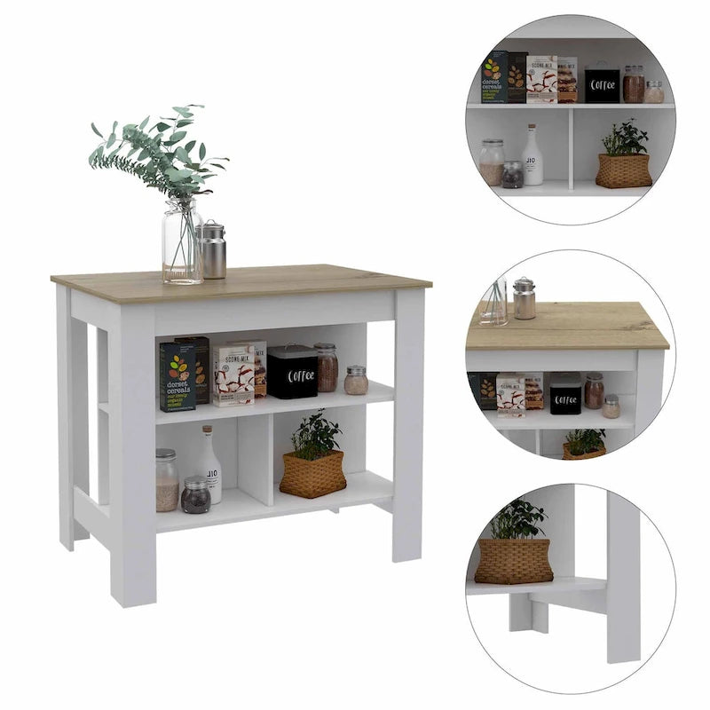 Îlot de cuisine avec 3 étagères de rangement et espace pour tabourets, plusieurs coloris