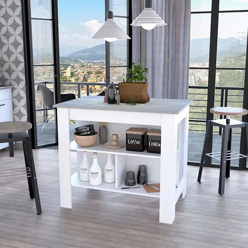 Îlot de cuisine avec 3 étagères de rangement et espace pour tabourets, plusieurs coloris