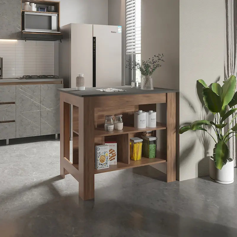 Îlot de cuisine avec 3 étagères de rangement et espace pour tabourets, plusieurs coloris