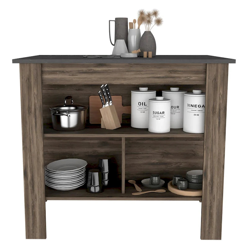 Îlot de cuisine avec 3 étagères de rangement et espace pour tabourets, plusieurs coloris