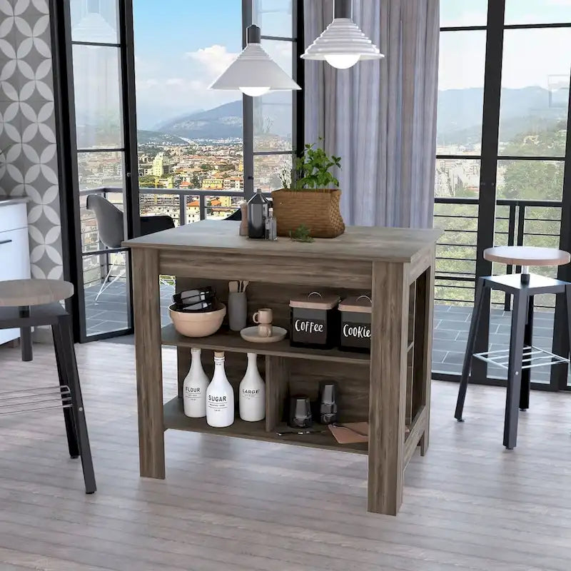 Îlot de cuisine avec 3 étagères de rangement et espace pour tabourets, plusieurs coloris