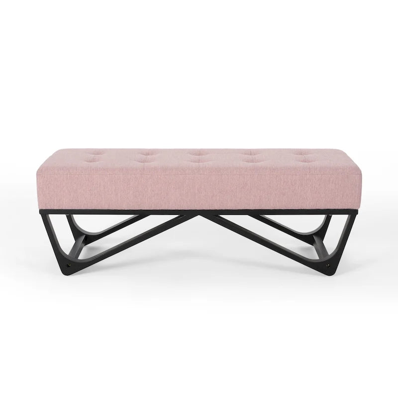 Banc de rangement en tissu gaufré capitonné avec pieds en bois courbé, Beige / Vieux rose / Gris clair / Bleu clair / Bleu marine